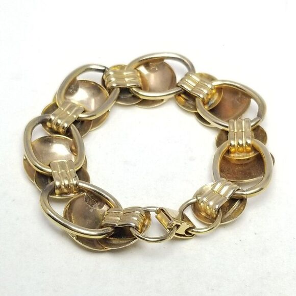 Vintage Round Dome Link Panel Chain Bracelet, Gold Tone Wide Bangle, Estate - Picture 3 of 5
